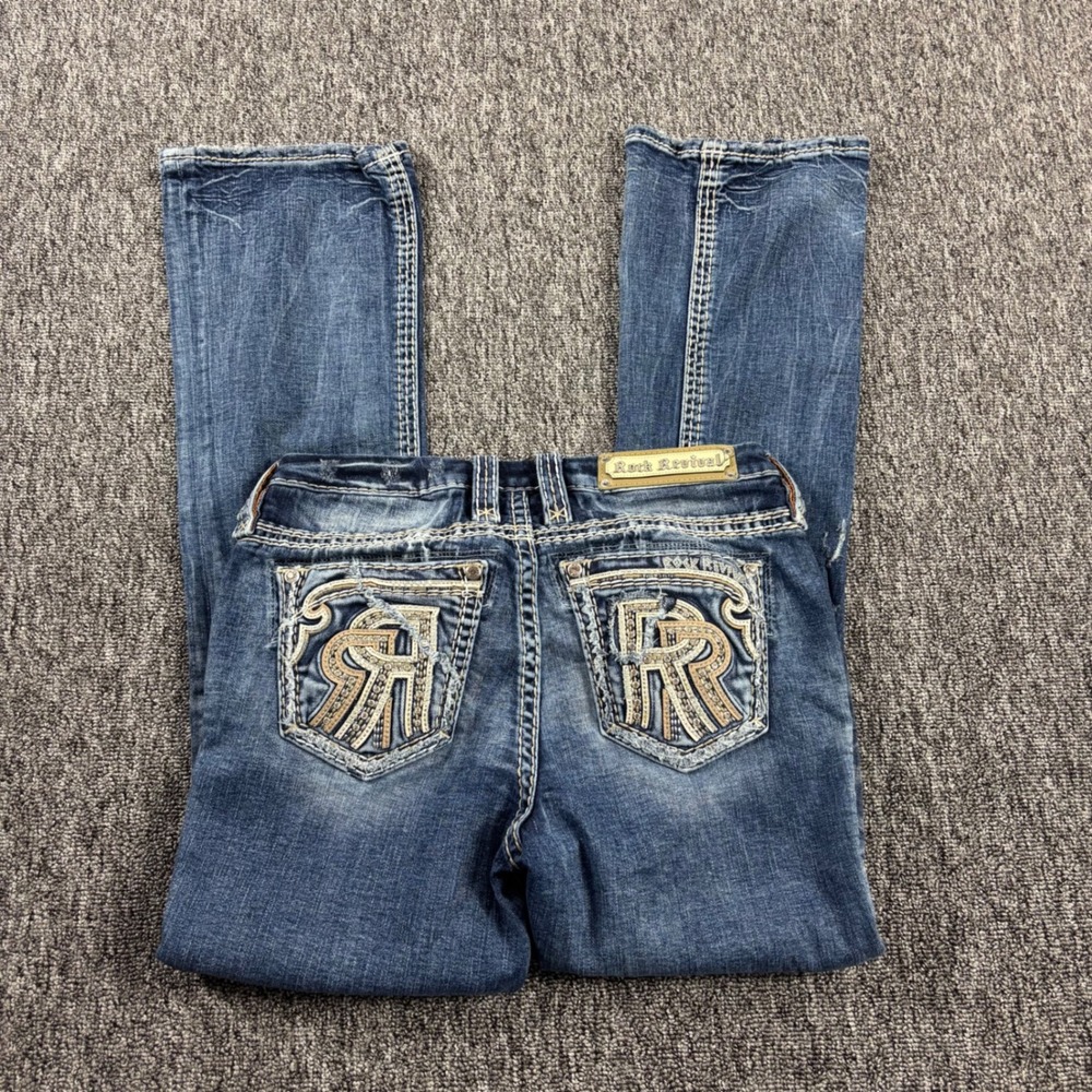 Y2K Rock Revival Pearla Bootcut Mid Rise Jeans 24 Blue Distressed Rhinestone